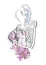Pair of sneakers with laces in the form of heart with flowers. T-shirt design.